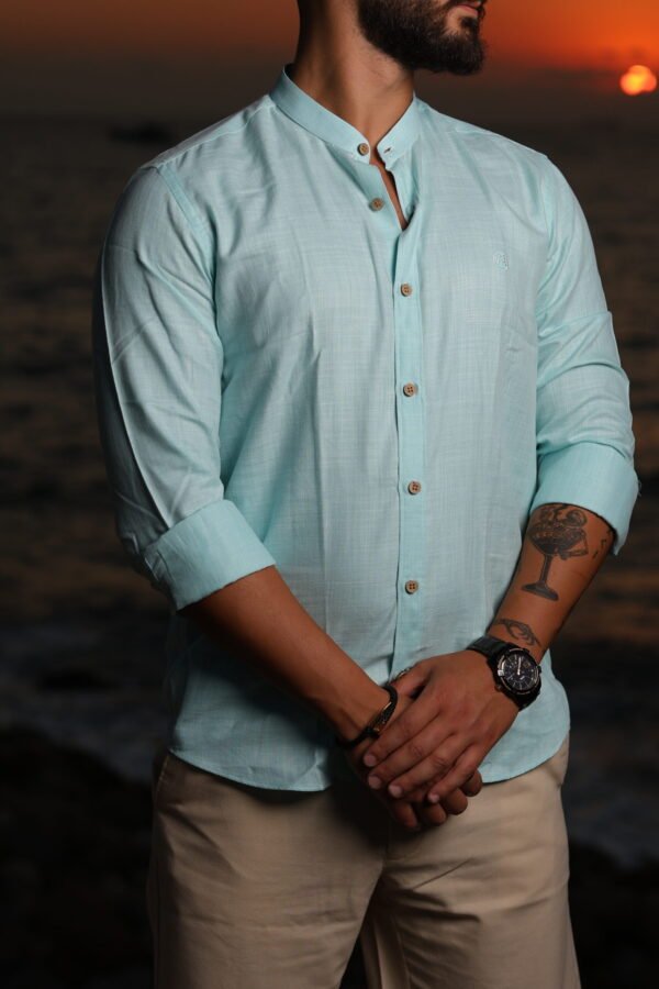 Men's Linen Blue Cyan Buttoned Shirt - Image 2