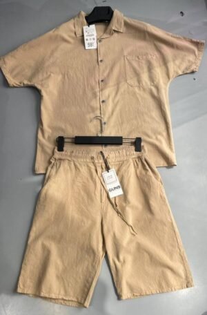 Brown Set — Short Sleeve Button-Up Shirt with Chest Pocket & Loose Fit Short