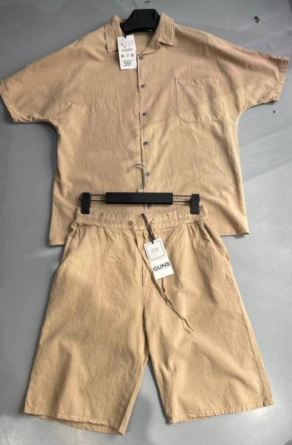 Brown Set — Short Sleeve Button-Up Shirt with Chest Pocket & Loose Fit Short