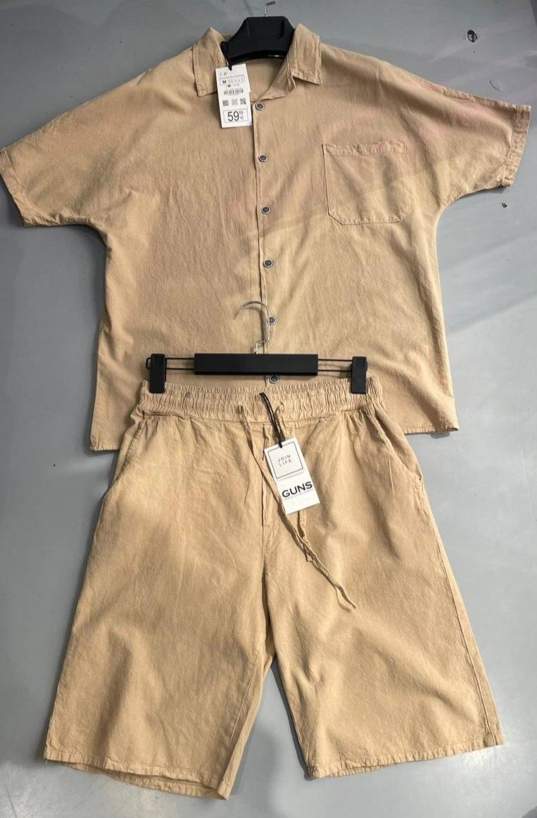 Brown Set — Short Sleeve Button-Up Shirt with Chest Pocket & Loose Fit Short